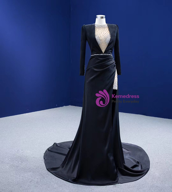 Black Satin Long Sleeve Crystal Split Prom Dress