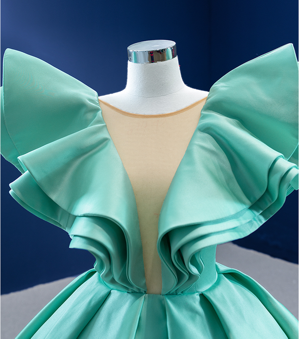 Green See Through V-neck Neck Ball Gown Satin Prom Dress