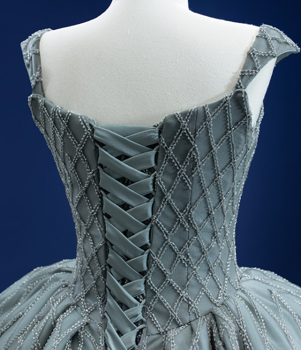 Gray Ball Gown Tulle Straps Beading Prom Dress