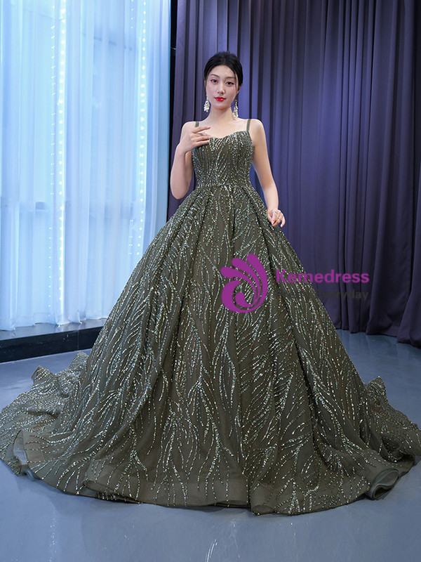 Gray Green Spaghetti Straps Tulle Sequins Prom Dress