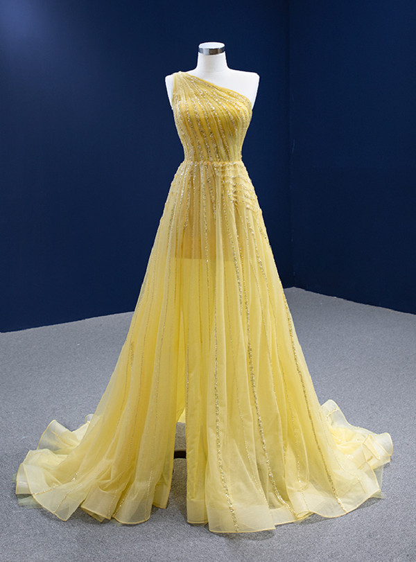 Yellow Tulle One Shoulder Beading Sequins Prom Dress