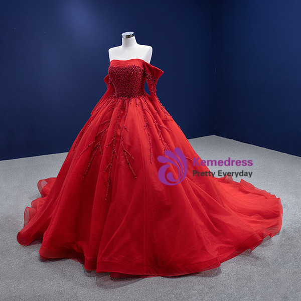 Red Tulle Long Sleeve Off the Shoulder Prom Dress