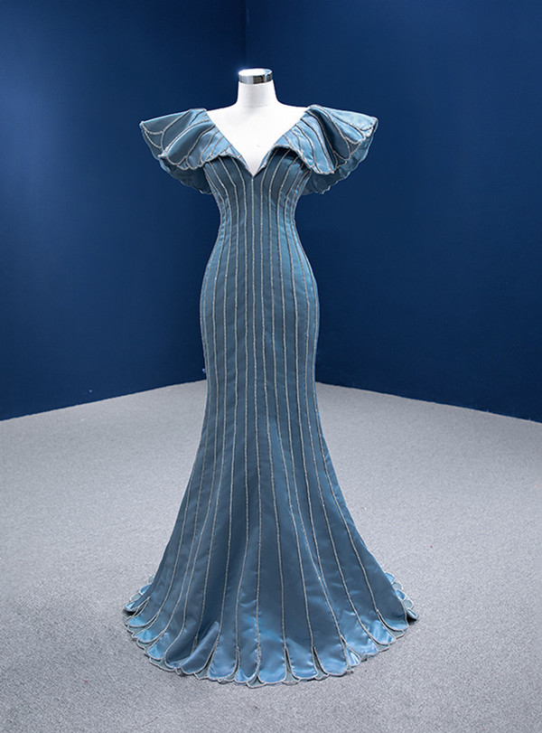 Simple Blue Mermaid Satin  V-neck Beading Prom Dress