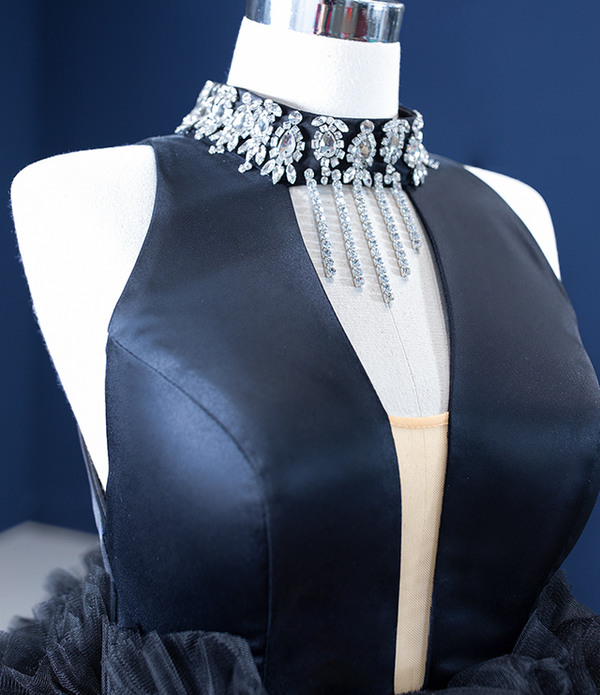 Black Tulle Hi Lo High Neck Crystal Beading Prom Dress