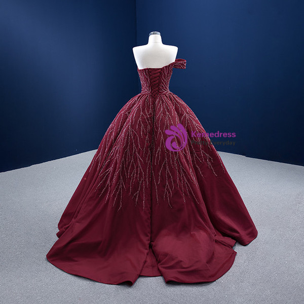 Burgundy Tulle Strapless Beading Sequins Prom Dress