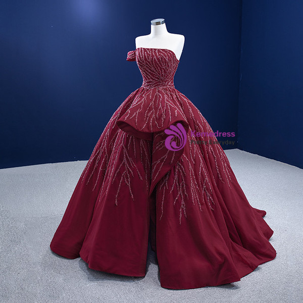 Burgundy Tulle Strapless Beading Sequins Prom Dress