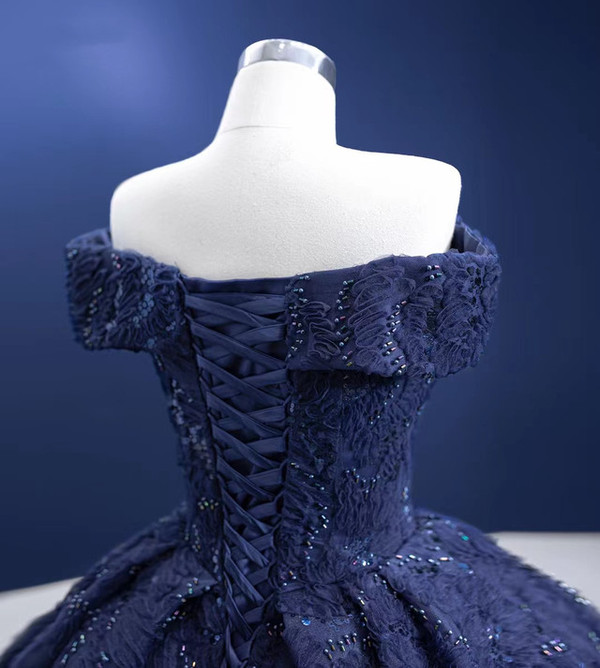 Navy Blue Sequins Beading Off the Shoulder Prom Dress