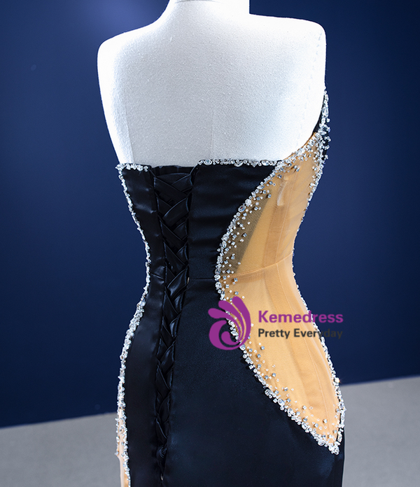 Black Sheath Strapless Beading Crystal Prom Dress