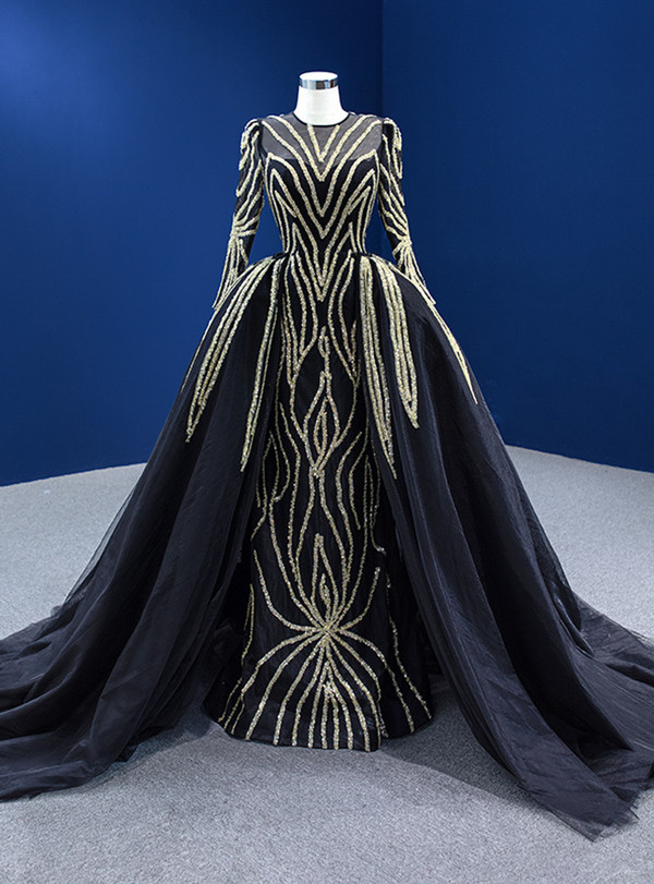 Black Mermaid Beading Sequins Prom Dress With Detachable Train