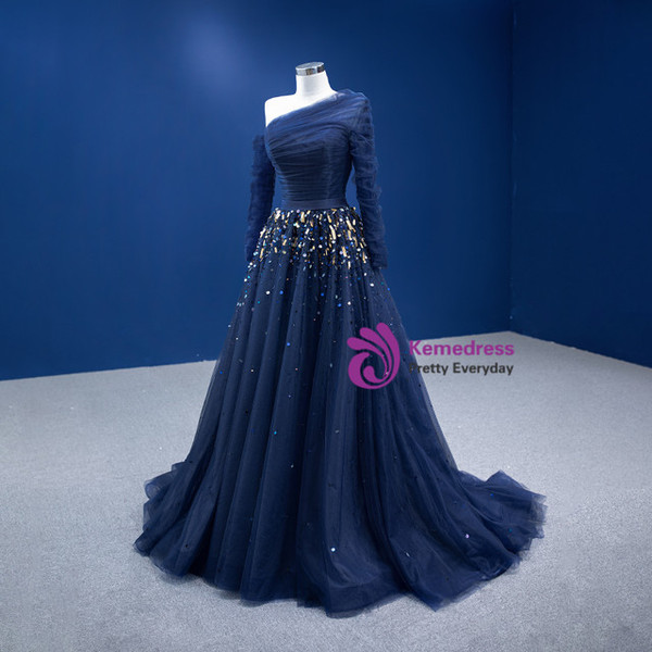 Navy Blue Tulle Long Sleeve Sequins Prom Dress