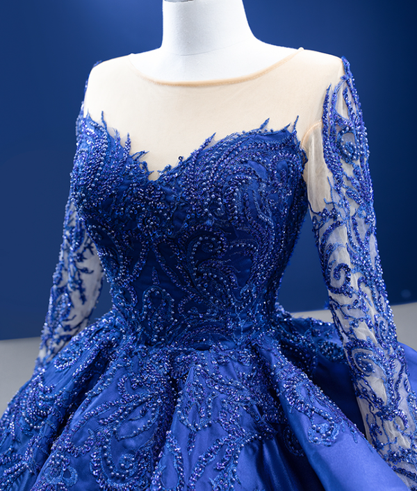 Royal Blue Satin Appliques Beading Prom Dress
