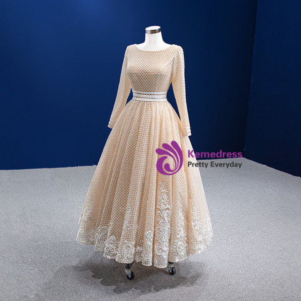 Champagne Tulle Long Sleeve Appliques Prom Dress