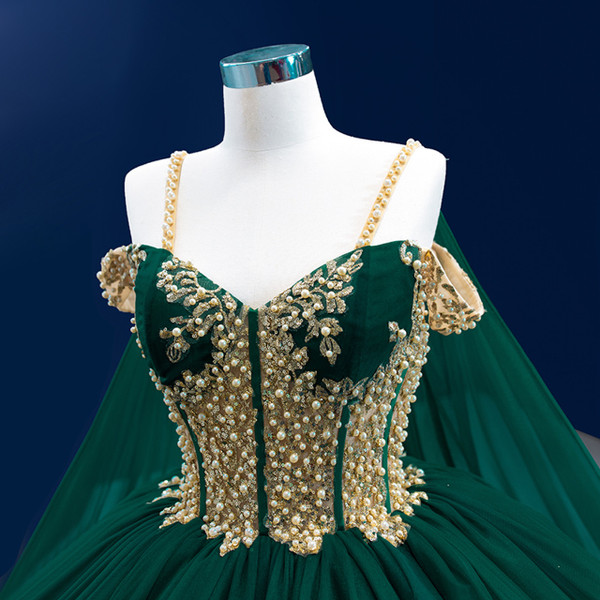 Green Tulle Sequins Appliques Spaghetti Straps Pearls Prom Dress