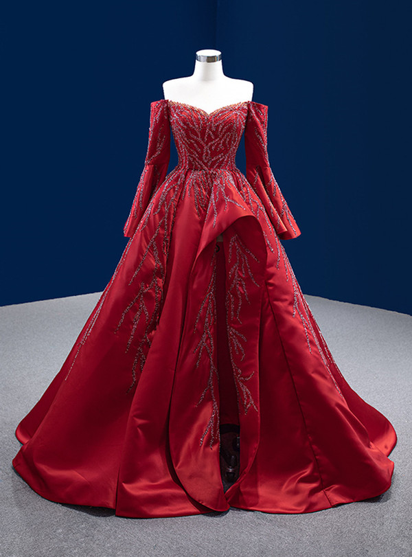 Red Satin Off the Shoulder Beading Sequins Prom Dress
