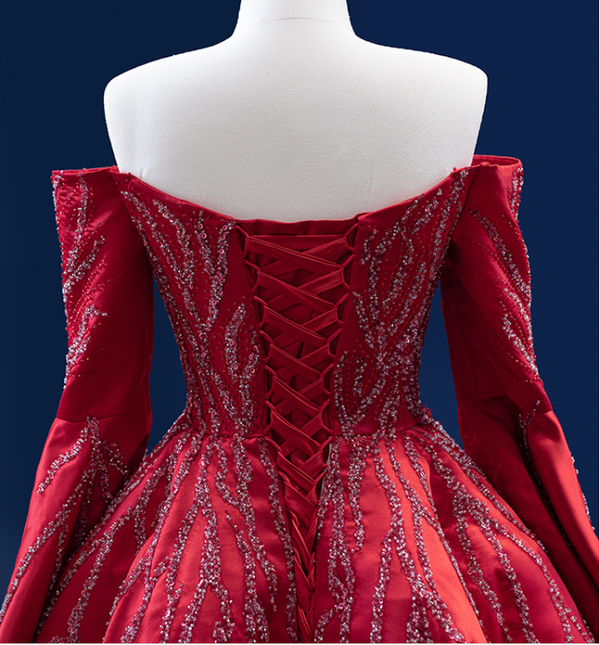 Red Satin Off the Shoulder Beading Sequins Prom Dress