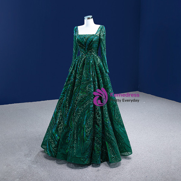 Green Sequins Square Neck Long Sleeve Prom Dress
