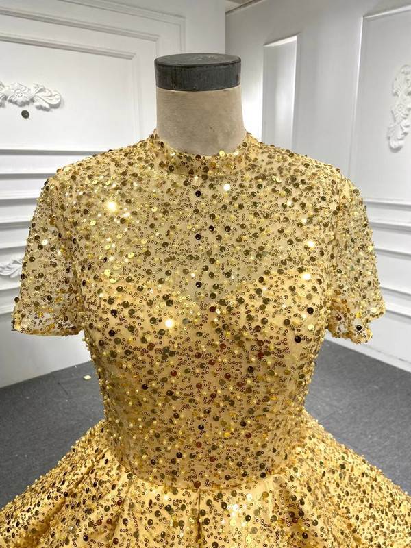 Gold Ball Gown Sequins High Neck Short Sleeve Prom Dress