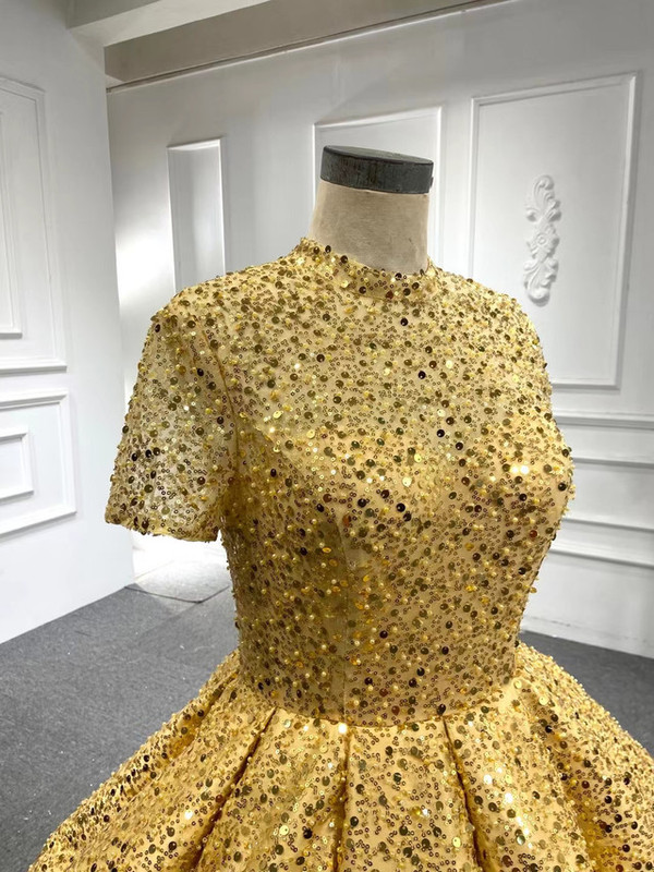 Gold Ball Gown Sequins High Neck Short Sleeve Prom Dress