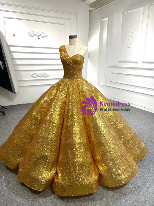 Gold Ball Gown Sequins One Shoulder Prom Dress