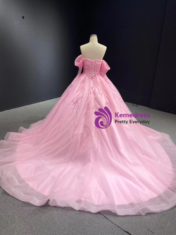 Pink Tulle Long Sleeve Pearls Crystal Prom Dress