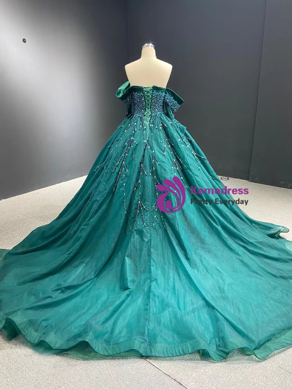 Green Tulle Long Sleeve Crystal Pearls Prom Dress