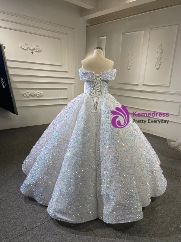 White Sequins Off the Shoulder Ball Gown Prom Dress