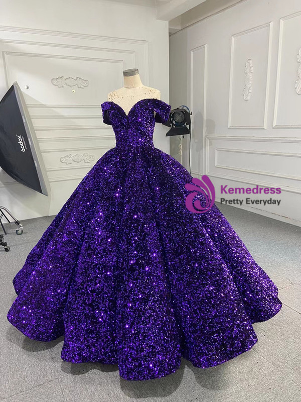 Purple Sequins Off the Shoulder Prom Dress