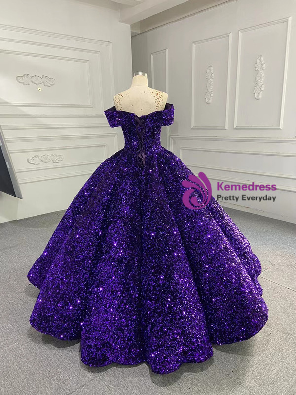 Purple Sequins Off the Shoulder Prom Dress