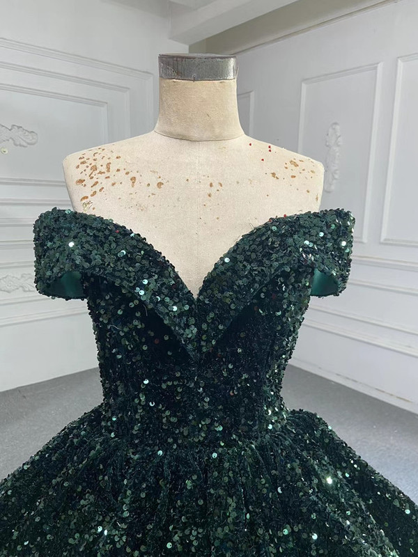 Amazing Dark Green Sequins Off the Shoulder Prom Dress
