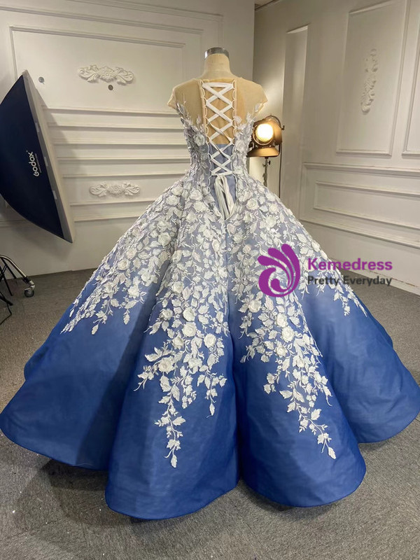 Blue Ball Gown White 3D Appliques Cap Sleeve Prom Dress
