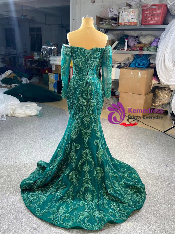 Dark Green Mermaid Tulle Appliques Beading Long Sleeve Prom Dress