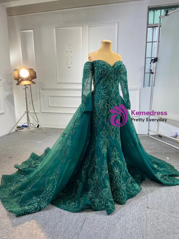 Dark Green Mermaid Tulle Appliques Beading Long Sleeve Prom Dress