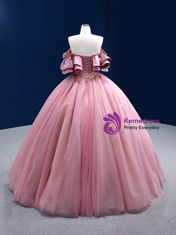 Pink Tulle Spaghetti Straps Sequins Beading Prom Dress