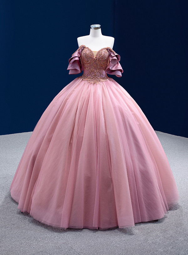 Pink Tulle Spaghetti Straps Sequins Beading Prom Dress