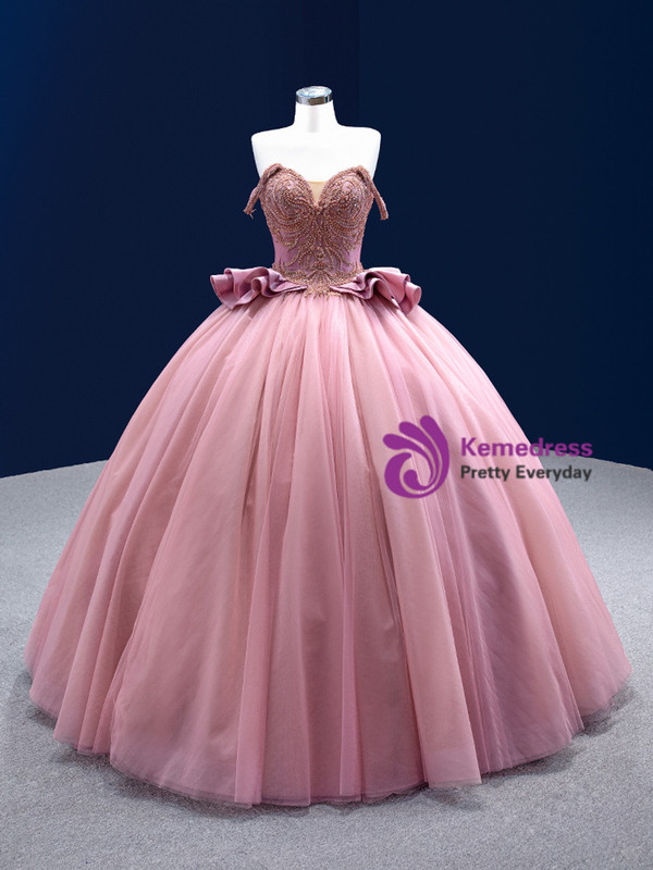 Pink Tulle Spaghetti Straps Sequins Beading Prom Dress