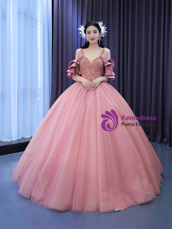 Pink Tulle Spaghetti Straps Sequins Beading Prom Dress