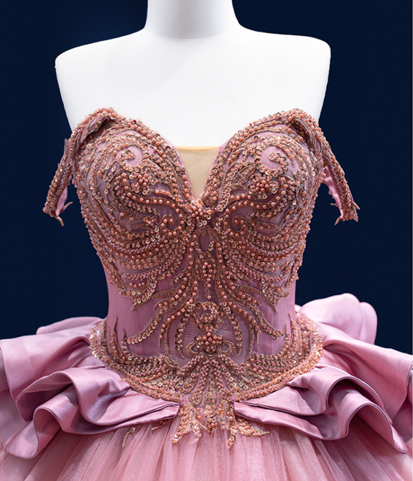 Pink Tulle Spaghetti Straps Sequins Beading Prom Dress