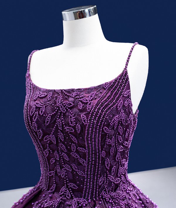 Advanced Purple Satin Appliques Pearls Prom Dress