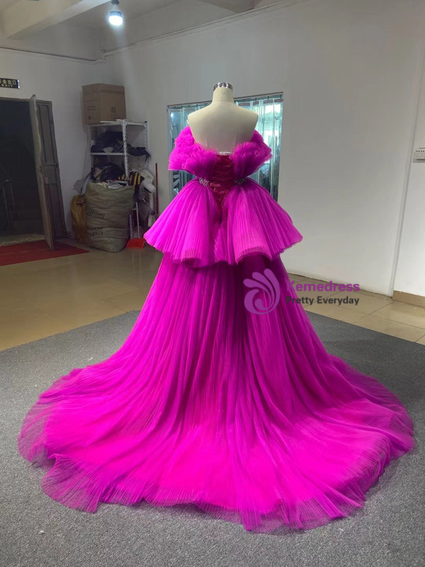 Fuchsia Hi Lo Tulle Strapless Pleats Prom Dress