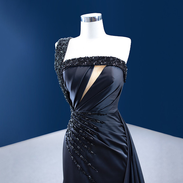 Black Satin One Shoulder Pleats Beading Prom Dress
