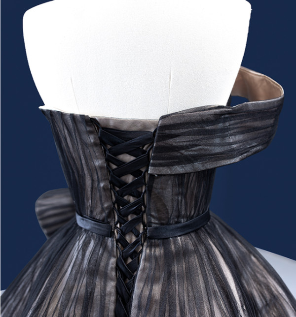 Black Tulle Strapless Pleats Split Hi Lo Prom Dress