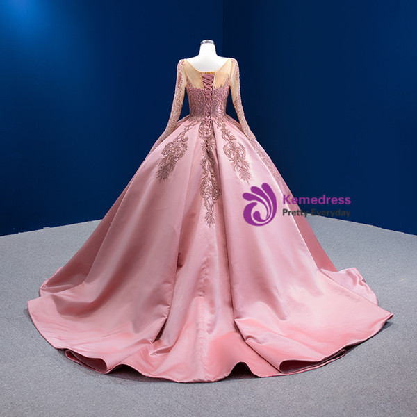 Pink Ball Gown Satin Long Sleeve Appliques Beading Prom Dress