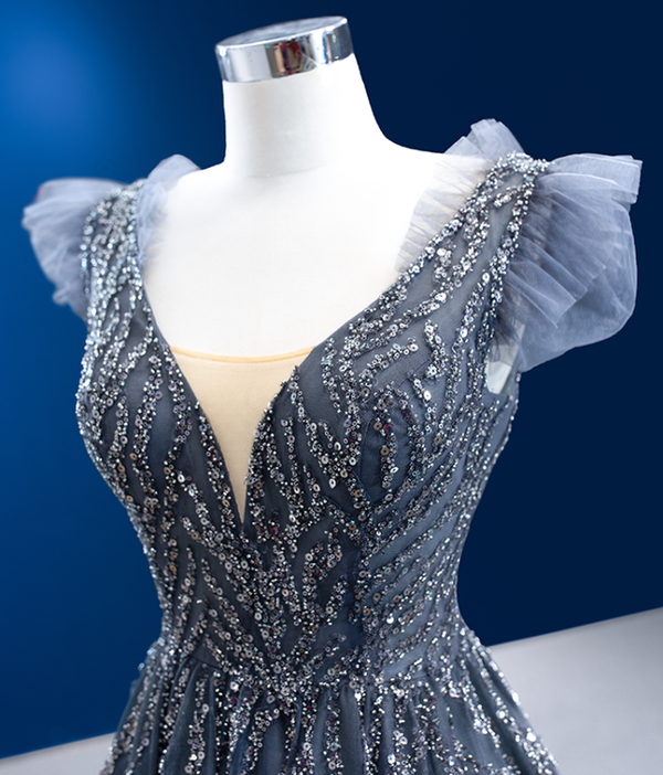 Princess Gradation Gray Tulle V-neck Beading Prom Dress