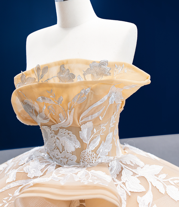 Vintage Champagne Strapless Tulle Appliques Prom Dress