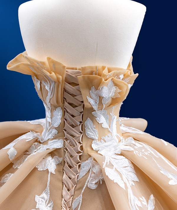 Vintage Champagne Strapless Tulle Appliques Prom Dress