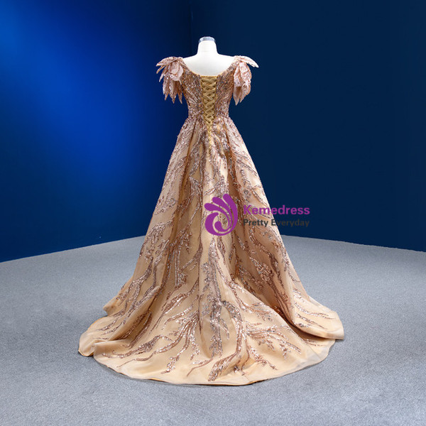A-Line Gold Tulle Sequins Beading Prom Dress