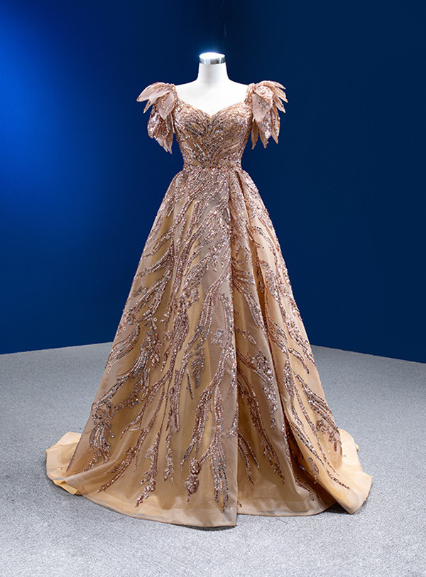 A-Line Gold Tulle Sequins Beading Prom Dress