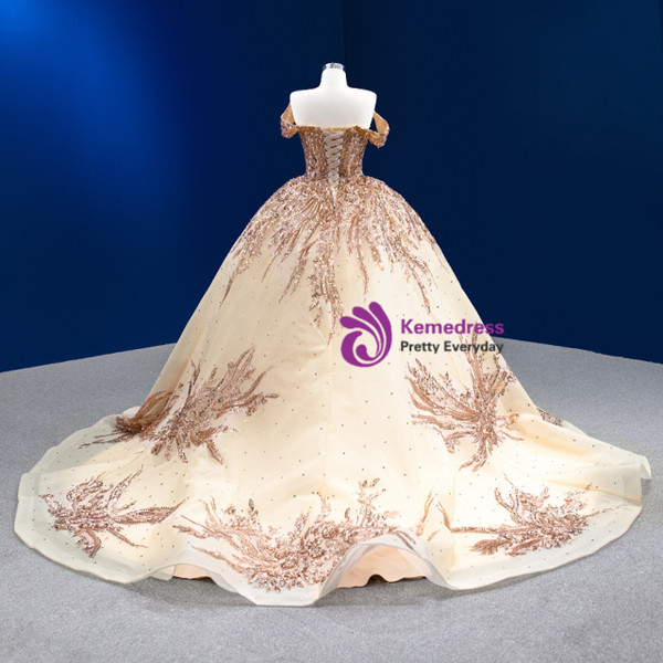 Champagne Tulle Sequins Beading Prom Dress