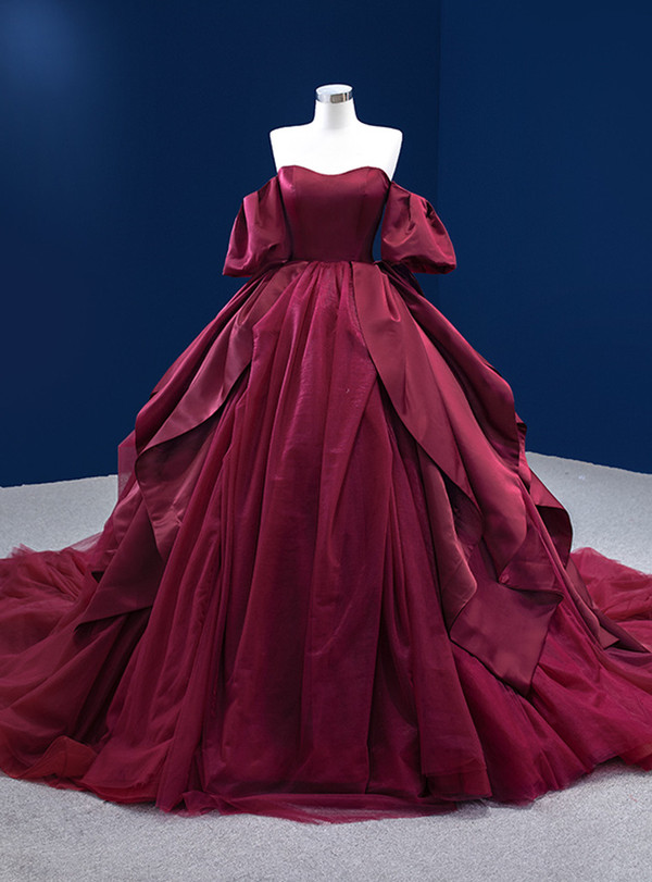 Burgundy Tulle Satin Sweetheart Puff Sleeve Prom Dress