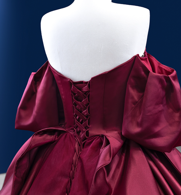 Burgundy Tulle Satin Sweetheart Puff Sleeve Prom Dress